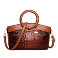 Brown faux leather handbag with crocodile pattern and round handle for women - Yellow