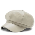 Casquette gavroche classique en cuir PU beige pour femmes de style vintage octogonal - Réglable / Blanc Cassé