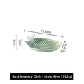 Light green leaf ceramic jewelry tray with small white bird decorative accent - Style 5 (Green Leaf Single Bird)