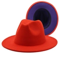 Classic two-tone wool fedora hat with red exterior and deep purple interior lining - Orange-Red and Purple