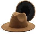 Two-tone fedora hat in brown and black wool felt with a wide flat brim and pinched crown - Light Coffee + Black