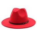 Chapeau Fedora rouge classique en laine à bord large avec ceinture noire boucle argent - M (56-58cm) / Rouge