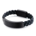 Pulsera para hombre de cuero trenzado negro con placa metálica martillada y cierre magnético - 21cm / Negro