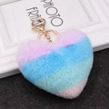 Rainbow gradient plush heart keychain with gold metal clasp on a textured surface - 3 Stripes-Purple Blue Green / Silver Circular Single-ring Buckle