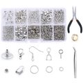 Detailed DIY jewelry making kit with silver findings, pliers, and tweezers in storage box - Set 9 (10 Grids/Silver + Tools/713Pcs)