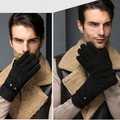 Men's winter black pigskin suede gloves with warm ribbed cuffs and metal snap strap - One Size / Arrow Design - Black