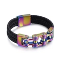 Bracciale da uomo in pelle nera intrecciata a doppio strato con catena da bici arcobaleno inox - Multicolore (KB82291-BD)