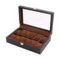 12-slot wooden watch display box with glossy black finish and glass window - 12 Slots Black Coffee Interior