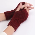 Diamond knit pattern wine red fingerless gloves for women's winter warmth and style - Burgundy