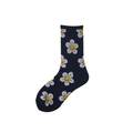 Dark blue cotton crew socks featuring white flower patterns with yellow smiley faces - One Size / Black