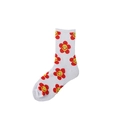 White cotton crew sock with red floral patterns and yellow smiley faces for women - One Size / White