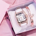 Women's rose gold square quartz watch with white leather strap and star bracelet set - White Zirconia Set