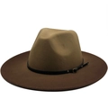 Detail van wollen fedora hoed met kaki kroon en donkerbruine rand met leren riempje - M (56-58cm) / Bruin Patchwork