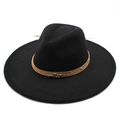 Detail of black wool fedora with brown beaded band and classic wide flat brim - Black / Adult 57-59cm