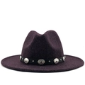 Detail of dark purple wool fedora hat featuring a black leather band with silver metal studs - M (56-58cm) / Purple