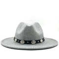 Classic light grey wool fedora hat with wide flat brim and black ribbon featuring silver studs - M (56-58cm) / Gray