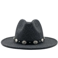 Deep grey wide brim wool fedora hat with bohemian style metal conchos and black strap - M (56-58cm) / Marl Grey