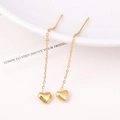Elegant 18K gold-plated heart drop long chain threader earrings on a white ceramic tray - Peach Heart Ear Threader (G313) / Gold