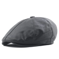 Classic black leather newsboy cap with stitched panels and a top button detail - Adjustable / Gray