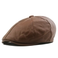 Classic brown leather newsboy cap with vintage British style and textured PU finish - Adjustable / Khaki