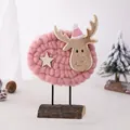 Pink felt wool deer figurine on wood base, 23x16x5cm holiday tabletop decor ornament - Reindeer Figurine / Pink