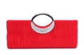Detail of red pleated satin evening clutch with sparkling rhinestone circular handle - Red