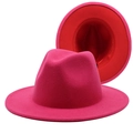 Two-tone wool fedora hat featuring a fuchsia exterior and bright red interior lining - Rose Red and Red
