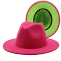 Detail of fedora hat with rose pink exterior and neon green interior lining contrast - Rose Red & Fruit Green