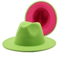 Detail of neon green fedora hat with contrasting pink underbrim showing wool texture - Fruit Green & Rose Red