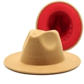 Classic wide-brim fedora hat with a stylish camel exterior and vibrant red lining - Camel + Red