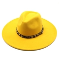 Detail of yellow wool fedora hat with leopard print band and golden buckle finish - Adult 57-59cm / Yellow