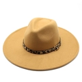 Detail of tan fedora wool hat showing leopard print band and gold buckle on a wide brim - Adult 57-59cm / Camel
