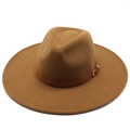 Classic caramel wool fedora hat with wide brim and decorative leather belt for unisex - Adult / Light Coffee