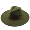 Dark green wide brim wool fedora hat with brown leather band and gold buckle detail - Adult / Army Green