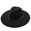 Classic black wide brim wool fedora hat with brown leather band for men and women - Adult / Black