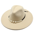 Classic beige wool fedora hat with 9.5cm wide brim and pearl rhinestone ribbon band - Adult 57-59cm / Beige