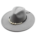 Grey wool wide brim fedora hat with black ribbon and white pearl band decoration - Adult 57-59cm / Light Gray