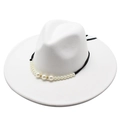 Detail of white wool fedora with black ribbon featuring pearls and gold accents - Adult 57-59cm / White