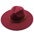 Close-up of wine red wool felt fedora with 9.5cm wide brim and brown leather band - Adult 57-59cm / Burgundy