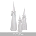 Set di 3 alberi di Natale bianchi glitterati con fiocchi, altezze 95cm, 75cm e 55cm - Albero a Cono Argento