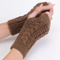 Dark brown cable knit fingerless gloves with ribbed cuffs for winter warmth - One Size / Khaki