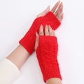 Short cable knit fingerless gloves in red wool yarn for warm winter arm protection - One Size / Red