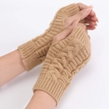 Short camel cable knit fingerless gloves for women and men, warm winter wrist warmers - One Size / Beige