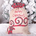 Christmas burlap gift bag featuring a reindeer applique and red drawstring closure - Red Plaid Burlap Bag - Reindeer