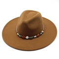 Brown wide-brim fedora hat with bohemian shell and gemstone band on white background - Adult 57-59cm / Light Coffee