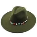 Detail of army green wool felt fedora with tribal shells and turquoise bead band - Adult 57-59cm / Army Green