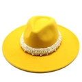 Detail view of yellow wide brim wool fedora hat featuring multi-layered pearl band decoration - Adult 57-59cm / Yellow