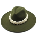 Detailed view of dark green wool felt fedora featuring premium pearl decorative band - Adult 57-59cm / Army Green