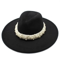 Close-up of elegant wide brim wool fedora hat with premium pearl beaded band detail - Adult 57-59cm / Black