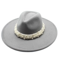 Classic light grey wool felt wide brim fedora hat with elegant pearl band decoration - Adult 57-59cm / Light Gray